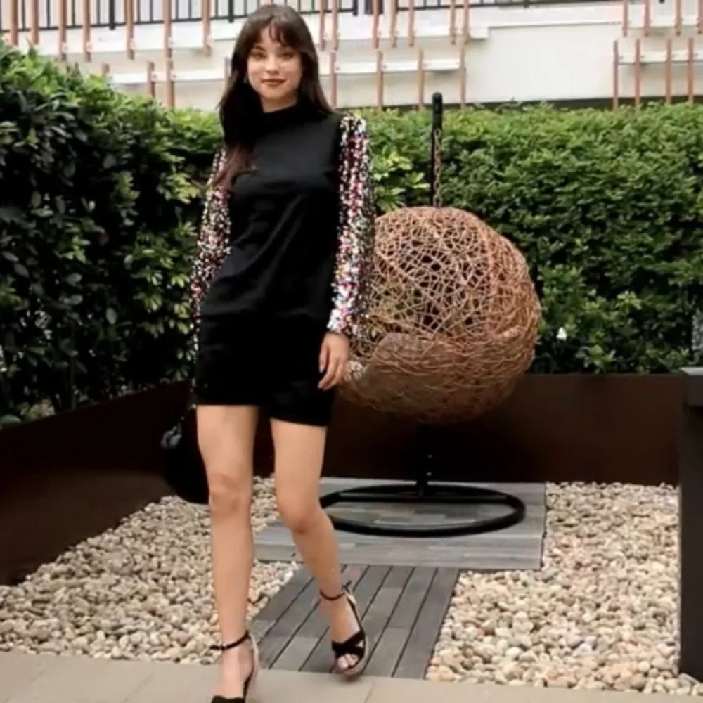 Avatar Black Sequin Sleeve Black mock neck sweater